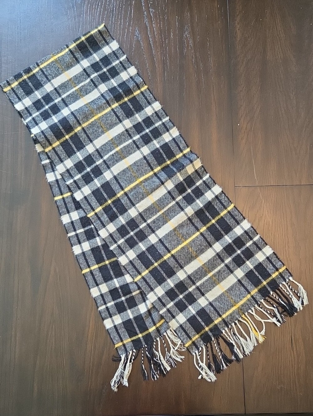Plaid Fringe Scarf in Black, Gray, White & Yellow